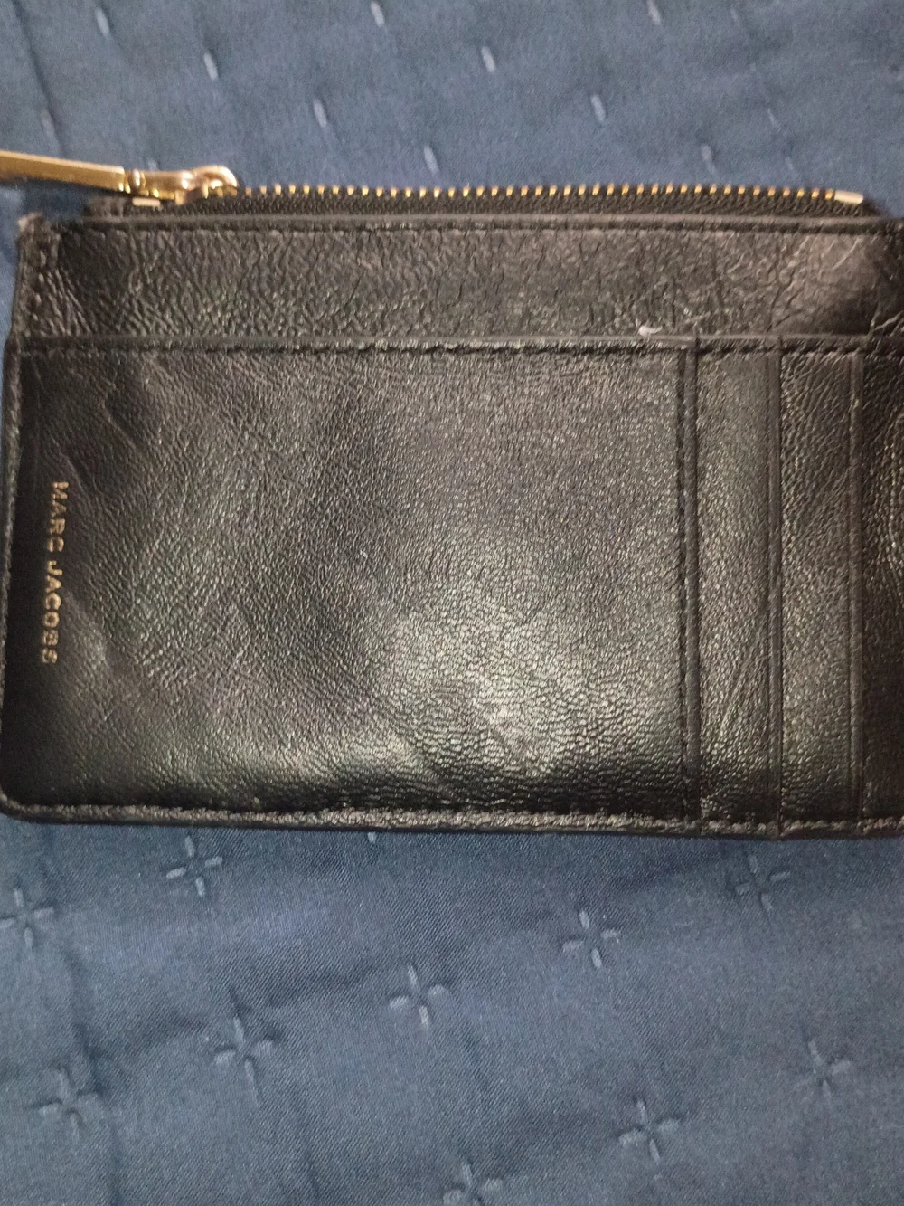 Marc Jacobs Black Leather Zip Card Wallet with Gold Logo
